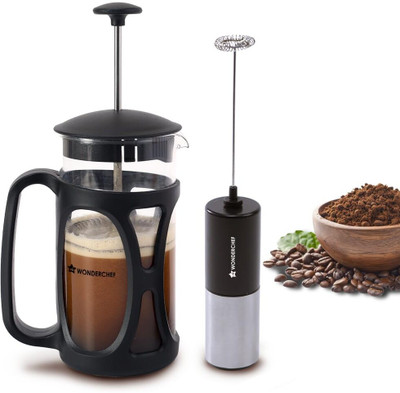 WONDERCHEF French Press Coffee Maker & Milk Frother Set 3 Cups Coffee Maker(Clear, Black)