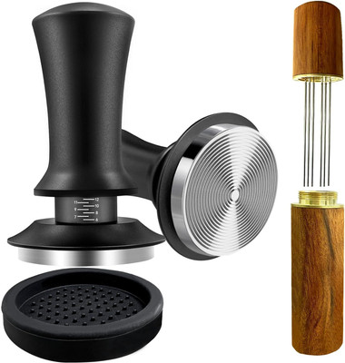 BeanZeek Espresso Tamper 51mm with WDT Tool Calibrated Spring Loaded Silicone Mat NQ687A Personal Coffee Maker(Black & Silver)