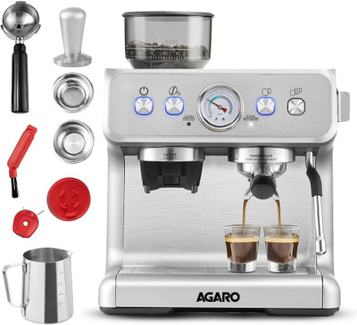 AGARO Supreme Espresso Coffee Maker With Grinder, 20 Bars Semi Automatic 2 Cups Coffee Maker(Silver)