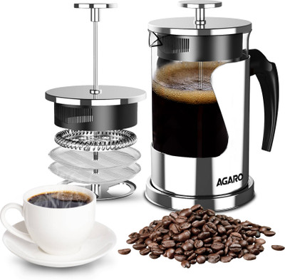 AGARO Crystal French Press Coffee Maker, 600 Ml, 4 Level Filtration System 6 Cups Coffee Maker(Silver)