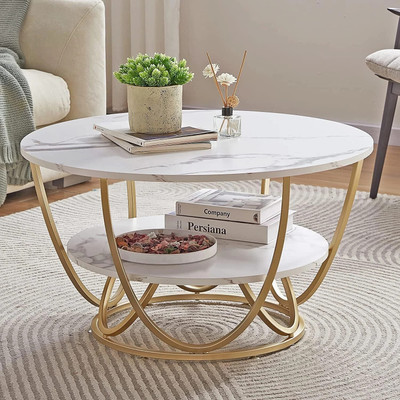 Dbru Mart Marble sticker Laminated 2 Teir Coffee Table, Center Table Engineered Wood Coffee Table(Finish Color - Gold & White, Pre-assembled)