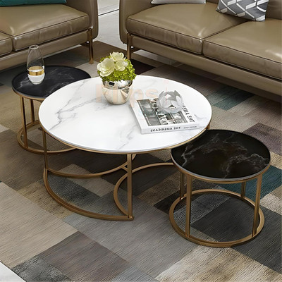 FlipsShoppee Modern Round Nesting Coffee Table 3 Piece Set with Marble Finish & Metal Legs Engineered Wood Coffee Table(Finish Color - Golden Powder Coated, Pre-assembled)