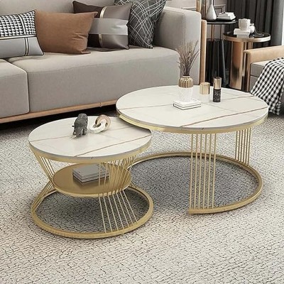 Yusha handicrafts Gold Iron Frame Modern Laminated Marbled Round Coffee Table Set of 2 Engineered Wood Coffee Table(Finish Color - Golden & white, Pre-assembled)