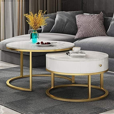 Expressow Enterprises Round Coffee Table with Drawer & Metal Frame Modern Living Room Centre Table Engineered Wood Coffee Table(Finish Color - Golden & White, Pre-assembled)