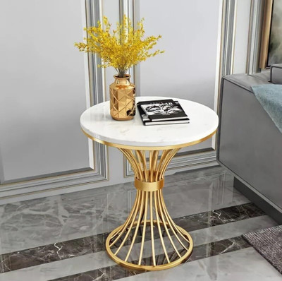 FlipsShoppee Round Coffee Table, Circle with Modren Storage Tea Table Faux Marble Top Engineered Wood Coffee Table(Finish Color - White & Gold, Pre-assembled)