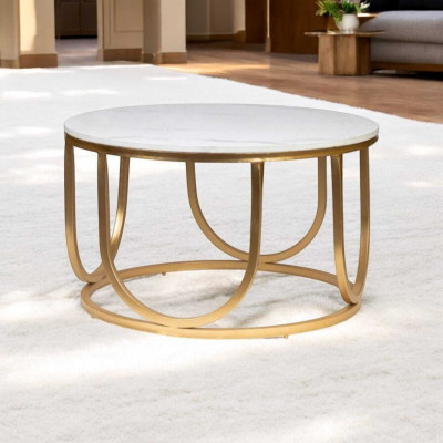 PrimePalette Modern Round Luxurious End Table Engineered Wood Coffee Table(Finish Color - Marble White, Pre-assembled)
