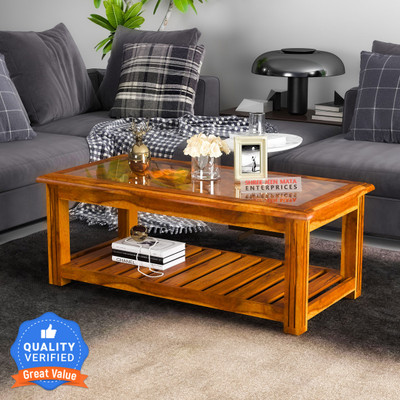 Shree Jeen Mata Enterprises Solid Sheesham Wood Coffee Table With Glass On Top For Living Room / Cafe . Solid Wood Coffee Table(Finish Color - Honey Finish, DIY(Do-It-Yourself))