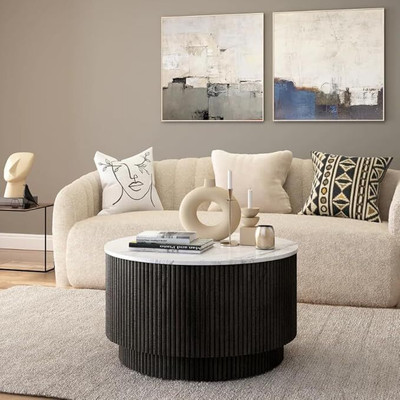 Radha Impex Wooden Fluted Round Coffee Table For Living Room With Storage Engineered Wood Coffee Table(Finish Color - Dark Grey, Top White Marble Finish Look, Pre-assembled)