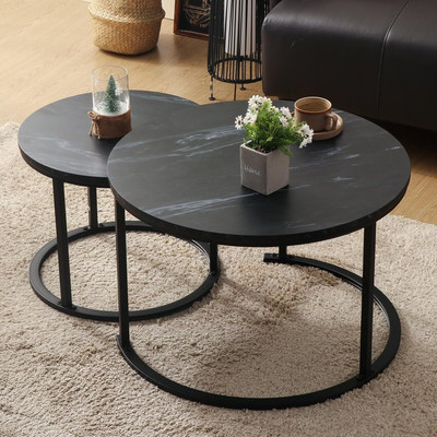FlipsShoppee Modern Round Nesting Coffee Table 2 Piece Set with Marble Finish & Metal Legs Engineered Wood Coffee Table(Finish Color - Full Black, Pre-assembled)