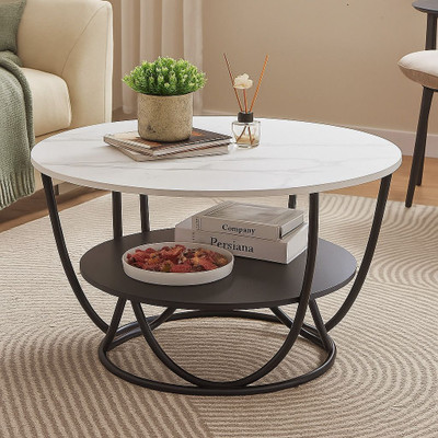 Mehsha Elegant Round Coffee Table with Gold Metal Base & Marble Finish Top – 22 Inch Engineered Wood Coffee Table(Finish Color - Multi, Pre-assembled)