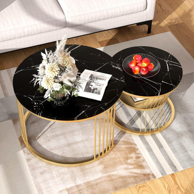 WOOD KARTINDIA Set of 2, Stylish Sofa Side Table with Marble Veneer Top and Metal Frame Metal Side Table(Finish Color - Black & Golden, Pre-assembled)