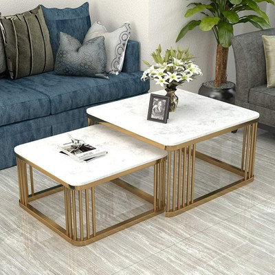 cozycrafted Modern Nesting Coffee Table Set with Marble Finish Top & Gold Metal Base Engineered Wood Coffee Table(Finish Color - white&golden, Pre-assembled)
