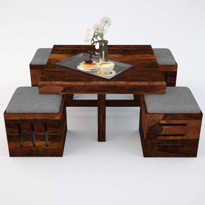 Shree Jeen Mata Enterprises Solid Sheesham Wood Coffee Table With Four Stool For Living Room Solid Wood Coffee Table(Finish Color - Provincial Teak Finish 1, Pre-assembled)