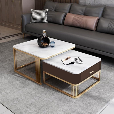 Aaliya mart Modern Marble Finish Coffee Table Set | Center Table with Drawer for Living Room Engineered Wood Coffee Table(Finish Color - Golden Antique, Pre-assembled)