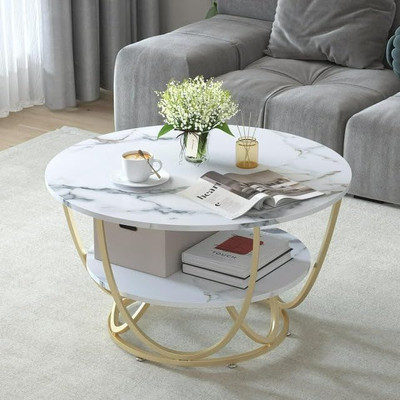 SS CRAFTMAKERS Right Choice Round Shape Coffee Table Engineered Wood Coffee Table(Finish Color - Golden, Pre-assembled)
