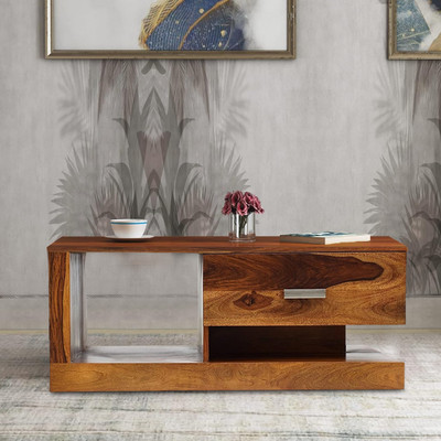 W.S.HANDICRAFTS Sheesham Wood 1 Draw Natural Teak Finish Polished Hand Crafted Solid Wood Coffee Table(Finish Color - Natural Teak Brown, Pre-assembled)