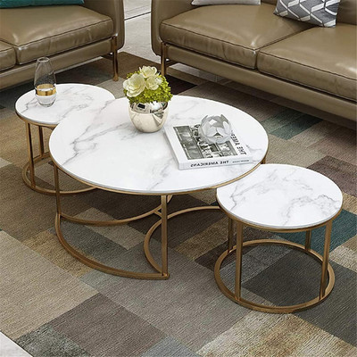 VisionCrafts Vision Crafts Nesting Tables Coffee Table Set of 3,Round Sofa Side Table Engineered Wood Coffee Table(Finish Color - Goden,white, Pre-assembled)