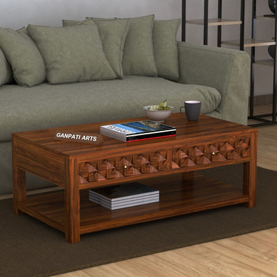 Ganpati Arts Sheesham Wood Raj Coffee/Tea Table With 2 Drawer Storage For Livingroom/Home Solid Wood Coffee Table(Finish Color - Natural, Pre-assembled)