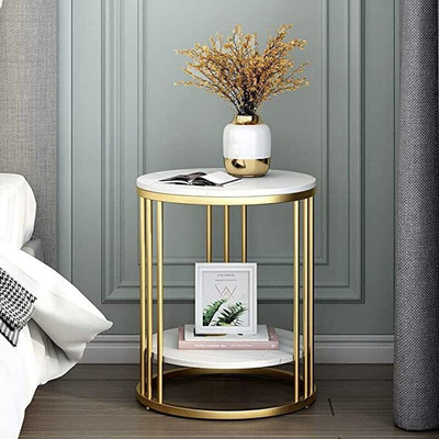 SH WOOD HANDICRAFTS Modern Round Metal Side Table with Marble Finish Top & Gold Frame Engineered Wood Coffee Table(Finish Color - WHITE & GOLDEN, DIY(Do-It-Yourself))