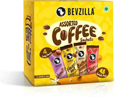 Bevzilla Instant Coffee Powder - 48 Sachets Box,Assorted Flavour,12 Sachets Each Flavour Instant Coffee(48 x 2 g, Hazelnut, Butterscotch, Unflavoured, Vanilla Flavoured)