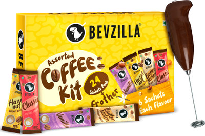 Bevzilla Instant Coffee Gift Box of 24 Assorted Coffee Sachets & Frother Instant Coffee(24 x 2 g, Assorted Flavoured)