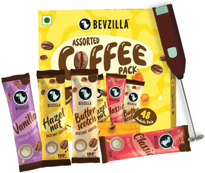 Bevzilla Instant Coffee Powder - 60 Sachets with Electric Frother, 15 Sachet Each Flavour Instant Coffee(60 x 2 g, Vanilla, Hazelnut, Unflavoured, Butterscotch Flavoured)