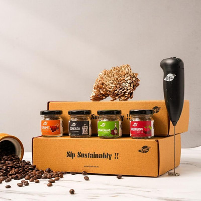 Dyne Flavour Fusion Box of 4 Mini Jars Coffee Hamper with Frother- 8 grams Each Instant Coffee(4 x 8 g, Chocolate, Caramel, Plain, Irish Cream Flavoured)