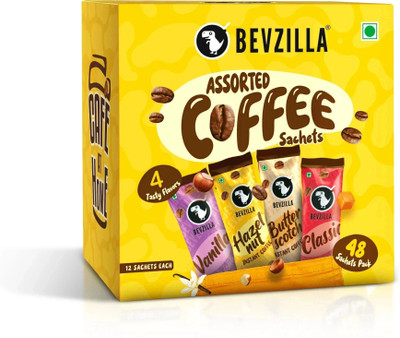 Bevzilla Instant Coffee Powder - 48 Sachets Box,Assorted Flavour,12 Sachets Each Flavour Instant Coffee(48 x 2 g, Hazelnut, Unflavoured, Vanilla, Butterscotch Flavoured)