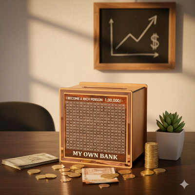 LASER ART Wooden Piggy Bank, My Own Bank Money Saving Box, Save ₹1,00,000 Coin Bank(Brown)