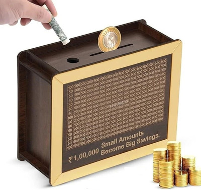 DARSHANAM WORLD golden Wooden Money Saving Box |Counting target money box | Coin box for saving Coin Bank(Brown)