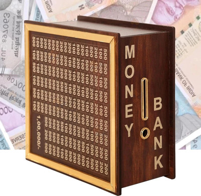 HOOTZILLA Wooden Money Saving Box Cash Saver MoneyBox with Counting Target wooden CoinBank Coin Bank(Brown)