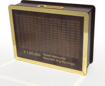 GMD Wooden Money Bank with Golden Mirror Frame | Piggy Bank with Counting Target 1 L Coin Bank(Brown)