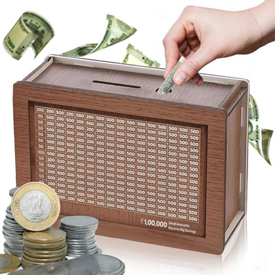 shivu craft Wooden Money Saving Box Cash Saver Money Box with Counting Target Coin Bank Coin Bank(Brown)