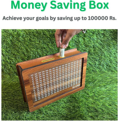 KNOWZ Wooden Money Saving Box 1,00,000 | Cash Saver Money Box with Counting Target Coin Bank(Brown)