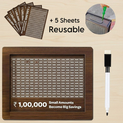 SANCORP Wooden Money/Piggy Bank REUSABLE +5 Sheets for Savings Challenge Box 1,00,000 Coin Bank(Brown)