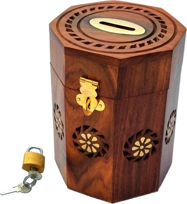 Park City Wooden Money Bank with Lock, Hexagon shape 6X4 Inches for Kids & Adults Coin Bank(Brown)