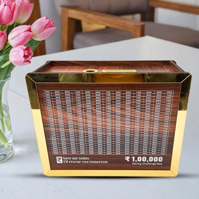 DARSHANAM WORLD Counting target money box | Coin box for saving| golden Wooden Money Saving Box Coin Bank(Brown)