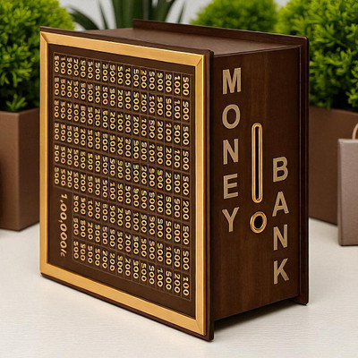 Drova Wooden Money Saving Box|CashSaver MoneyBox with Counting Target|wooden Coin Bank Coin Bank(Gold, Brown)