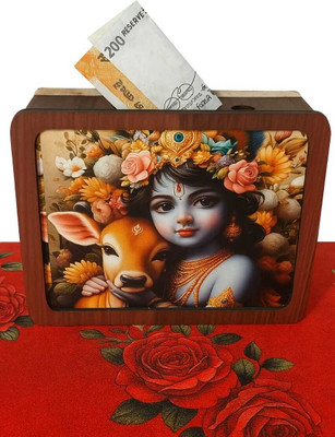 Swati Wooden Money Saving Box | Kanha ji with Cow | Coin box for saving Coin Bank(Brown)