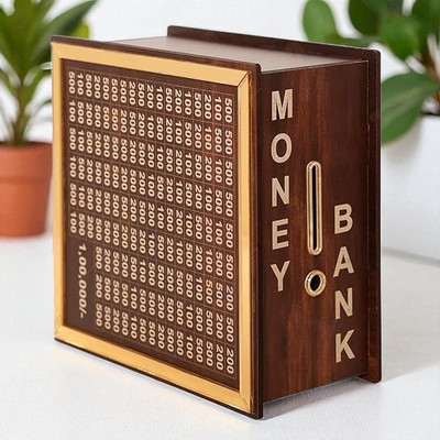 Sundhi Wooden Money Saver Box Wooden Piggy Bank 100000 Money Bank Box Coin Bank Coin Bank(Gold)