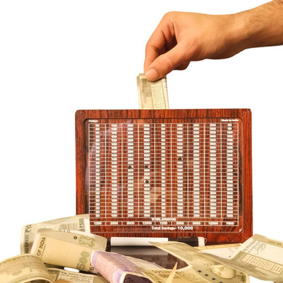 romj Wooden Piggy Saving Box With Carved Design for Kids/Children) Coin Bank(Brown)