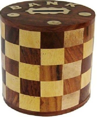 Alhind Handicraft Handcrafted Antique Chess Pattern Embosed Cylendrical Shaped Wooden Coin Saving Box - Piggy Bank - Money Bank - Gifts for Kids, Girls, Boys & Adults(10x10x14cm) Coin Bank(Brown)