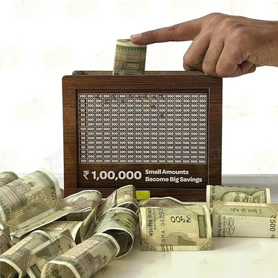 Ureka Wooden Money Saving Box Counting target money box |Coin box for saving Coin Bank Coin Bank(Brown)