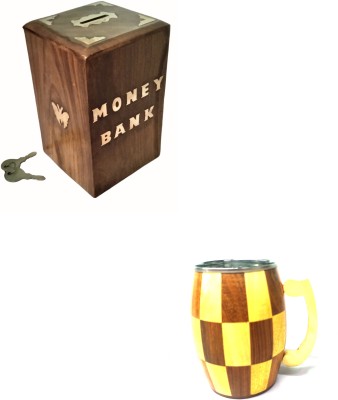 ARK WOOD ART Wooden Money Bank coin bank with stylish coffee mug (combo of 2 packs) Coin Bank(Brown, Yellow)