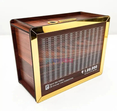 KVR CRAFT Wooden Money Saving Golden Box | Cash Saver Money Box-M1 Coin Bank(Brown)