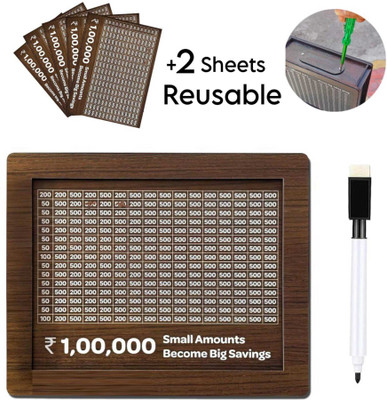 SANCORP Wooden Money/Piggy Bank REUSABLE +2 Sheets for Savings Challenge Box 1,00,000 Coin Bank(Brown)
