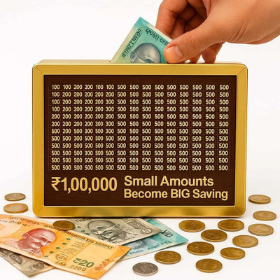 VR Bright Lite Wooden Money Box ₹1L Target | Coin Bank for Family & Gifts Wooden Money Clip(Brown)