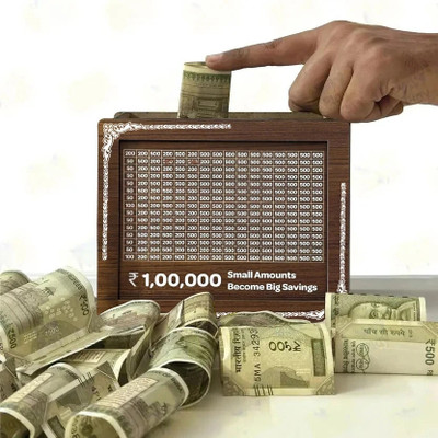 CIRCADIAN Wooden Money Saving Box | Cash Saver Money Box with Counting Target RS-1L Coin Bank(Brown)