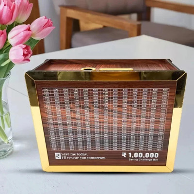 Impexlabh Wooden Money Bank,Coin Box with Carved Design for Kids,Savings Challenge Box Coin Bank(Brown)