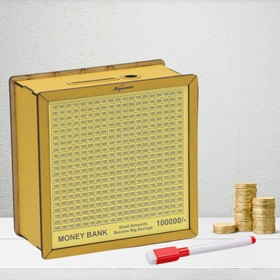 Signamio Wooden 1 Lakh Money Saving Piggy Bank Box with Numbers Golden Coin Bank(Yellow)